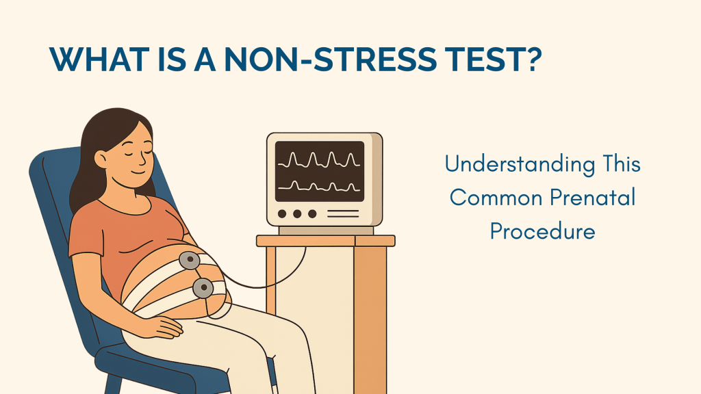 Illustration of a pregnant woman reclining in a chair while receiving a non-stress test, with fetal monitors attached to her belly and a heart rate monitor nearby.